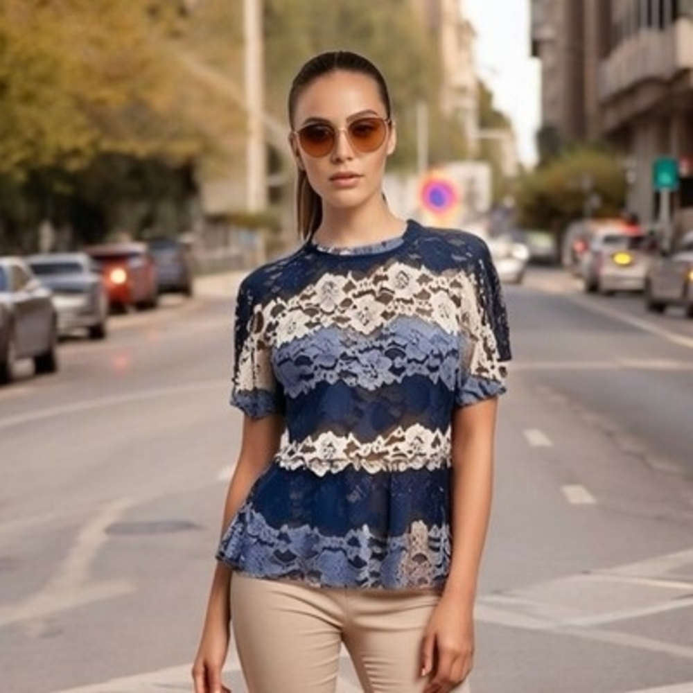Eva Franco Peplum Top M Striped Lace Floral Short Sleeve USA Made Excellent